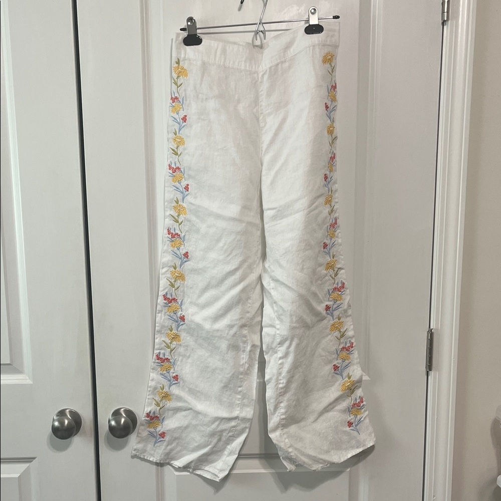 Calypso St Barth Boho White Linen Embroidered Floral Wide-Leg Pants Small